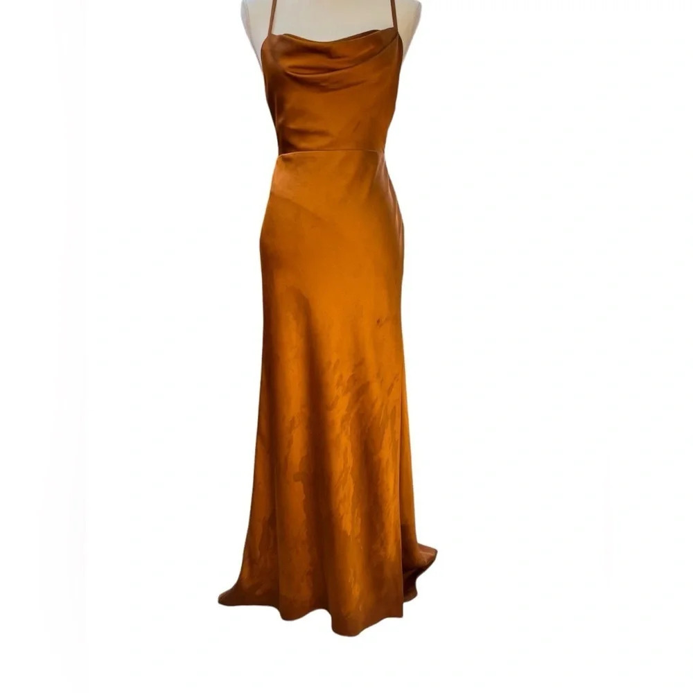 Fame and Partners Satin Floor Length Grown in Copper Brown w/Plunging Back Sz. 4